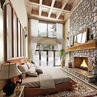 Luxurious cabin interior bedroom design with rustic accents and a roaring stone fireplace with winter scenic background. Stock Photo