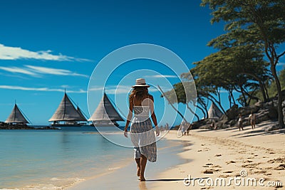 Luxurious Caribbean escape, woman walks on perfect beach, summer holiday dream Stock Photo