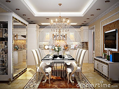 Luxurious Classic Baroque Kitchen and Dining Room Stock Photo