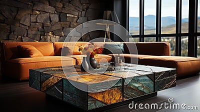 Luxurious Coffee Table With Rustic Textures And Vivid Color Blocks Stock Photo