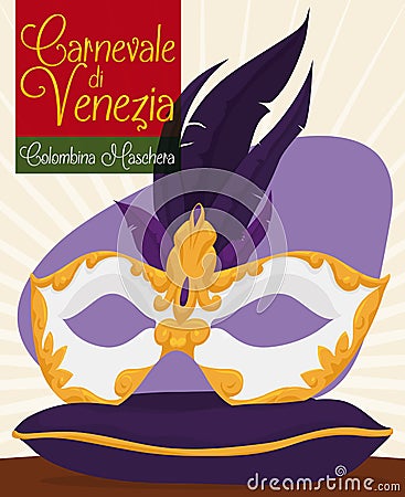 Luxurious Colombina Mask with Feathers for Venetian Carnival Celebration, Vector Illustration Vector Illustration