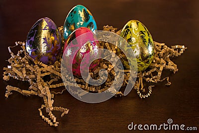 Luxurious colorful golden speckled easter eggs Stock Photo