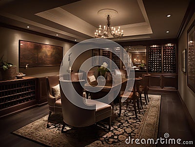 A luxurious and decadent private wine room with plush seating created with Generative AI Stock Photo