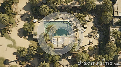 Luxurious Desert Oasis: Aerial Photo Of Pool Surrounded By Trees Stock Photo