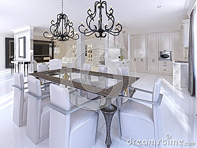 Luxurious dining room with dining table and designer chairs. Stock Photo