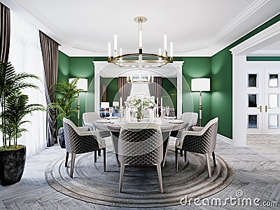 Luxurious dining room in a large house, with a round table for six people. Leather chairs, marble countertops, TV unit, sideboard Stock Photo