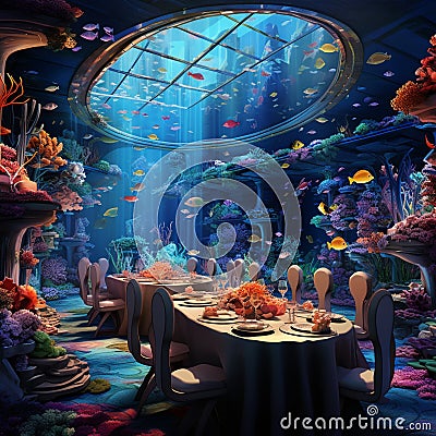 Luxurious Dining Setup Surrounded by Underwater Scenes Stock Photo