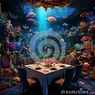 Luxurious Dining Setup Surrounded by Underwater Scenes Stock Photo