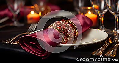 luxurious dinner with a red napkin ringed with jewels on a white plate, gold cutlery, and candles creating a warm glow Stock Photo