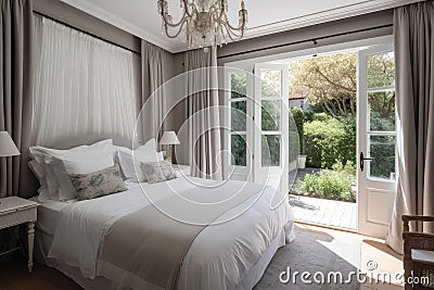 Luxurious double bedroom overlooking the garden terrace Stock Photo