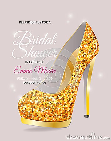 Bridal Shower invitation card with wedding shoe. Vector Illustration