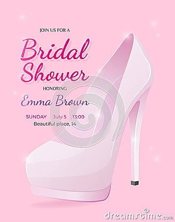 Bridal Shower invitation card with wedding shoe. Vector Illustration