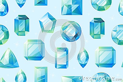 Luxurious expensive gems, diamonds and blue emeralds. Vector cartoon seamless shining pattern with precious jewelry Vector Illustration