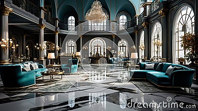 luxurious five-star hotel lobby with a grand crystal chandelier, marble flooring, and opulent furniture Stock Photo