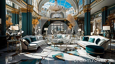 luxurious five-star hotel lobby with a grand crystal chandelier, marble flooring, and opulent furniture. Stock Photo