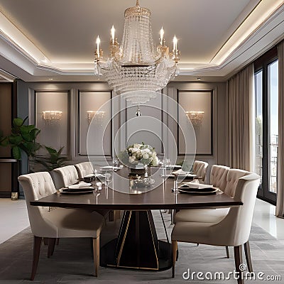 A luxurious formal dining room with a long wooden table and crystal chandelier2 Stock Photo