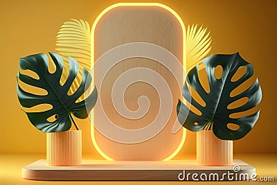 Luxurious geometric empty platform podium on a yellow background with monstera leaves. Generative AI Stock Photo