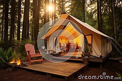 Luxurious Glamping Tent in Serene Forest Setting Stock Photo