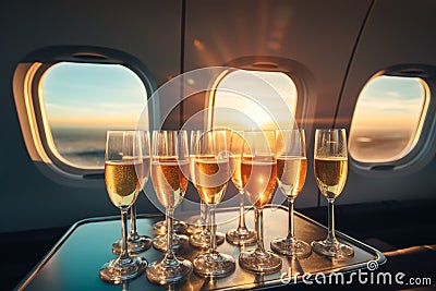 Luxurious Glasses with champagne on airplane flight. Generate ai Stock Photo