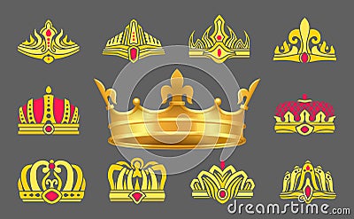 Luxurious Gold Crowns Inlaid with Ruby Stones Set Vector Illustration