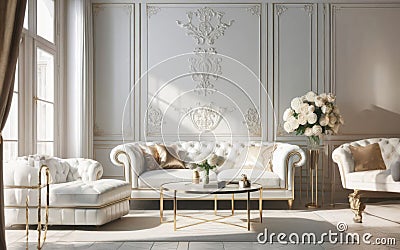 Luxurious gold vintage interior with an aristocratic baroque sofa. Gold moldings and columns Stock Photo