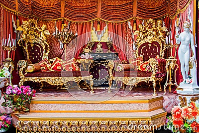 luxurious Golden Royal pompous Royal French Rococo interior, Russian throne Editorial Stock Photo