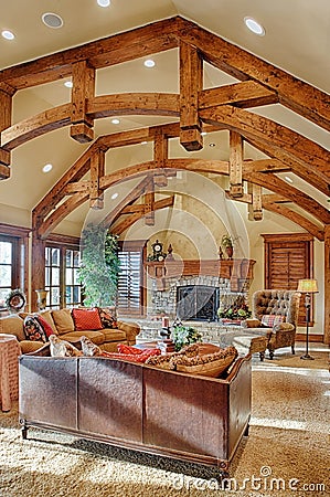 A timber frame home great room. Editorial Stock Photo