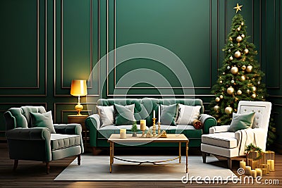 Luxurious green living space with a richly decorated Christmas tree and plush seating. Generative AI Stock Photo