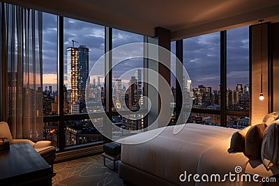 Midnight Serenity A Bedroom Overlooking the Cityscape Stock Photo