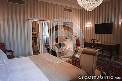 Luxurious King-Sized Bed Hotel Room at Hotel Savoy, Venice - Elegant and Sophisticated Design Stock Photo