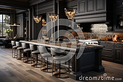 Luxurious kitchen featuring dark wood cabinetry for a refined ambiance Stock Photo