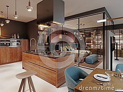 Luxurious kitchen modern style with wooden contemporary furniture and island with hood. Burgundy gray walls, black granite Stock Photo