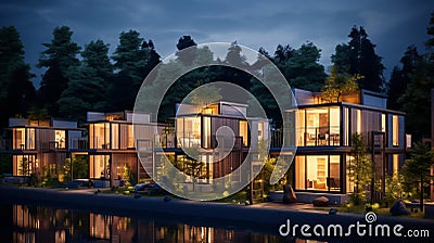 Luxurious Lakeside Container Homes At Dusk - Uhd Image Stock Photo