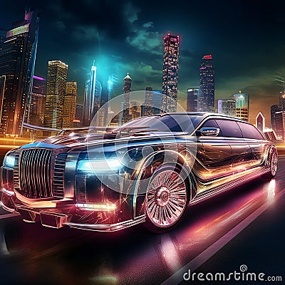 Luxurious Limousine Cruise in Futuristic Cityscape at Sunset Stock Photo