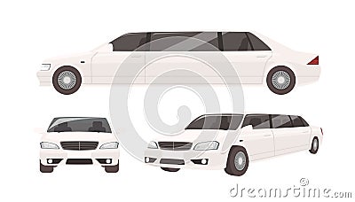 Luxurious limousine or limo isolated on white background. Expensive posh premium motor vehicle, car or automobile. Set Vector Illustration