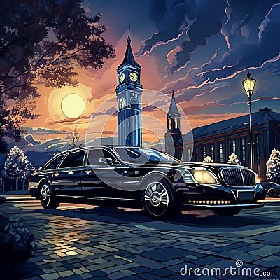 Luxurious Limousine Parked in Front of Grand Clock Tower Stock Photo