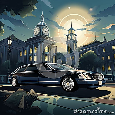 Luxurious Limousine Parked in Front of Grand Clock Tower Stock Photo