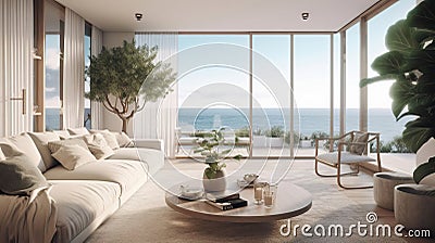 Luxurious Living Room with Breathtaking Ocean Views and Lush House Plants. Generative AI Stock Photo