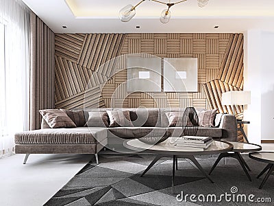 Luxurious living room in Contemporary style with wooden decorative panel on the wall. Studio apartment with a sofa and a dining Stock Photo