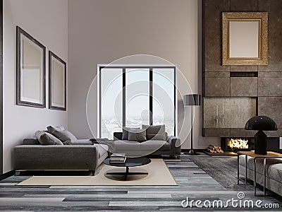 Luxurious living room in a loft design, with a high ceiling and a large corner sofa near the panoramic window. Large concrete Stock Photo