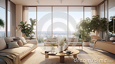 Luxurious living room with ocean views, house plants, bright and sunny, Generative AI Stock Photo