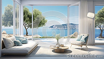Luxurious living room with windows looking out in the style of seascapes with air beach scenes Stock Photo