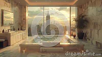 Luxurious marble bathroom with a view, AI-generated. Stock Photo