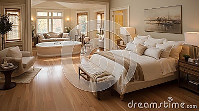 A luxurious master bedroom with a king-sized bed, walk-in closet, and an en suite bathroom with a Stock Photo