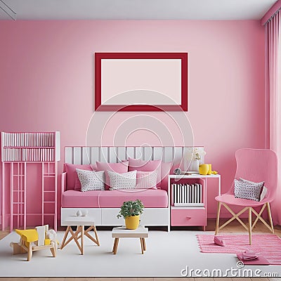 Luxurious, Modern Children s Bedroom with Pink Wall, Wall Art and Blank Canvas for Interior Designers and Architects Stock Photo