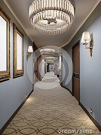 Luxurious modern corridor with blue walls, decorative niches with consoles and glass chandeliers. Interior design of the hall with Stock Photo