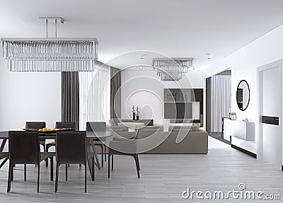 Luxurious modern dining room with a large table and cushioned chairs and a crystal chandelier over Stock Photo