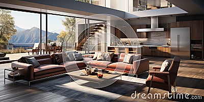 A luxurious modern home interior featuring a spacious open layout. Contemporary design. Generative AI Stock Photo