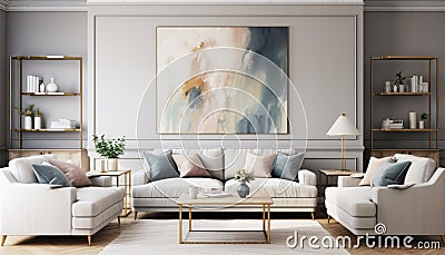 Luxurious modern living room interior with stunning gold tone colors and captivating art on the wall Stock Photo