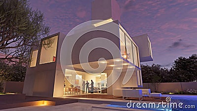 Luxurious modern mansion with pool at twilight Stock Photo